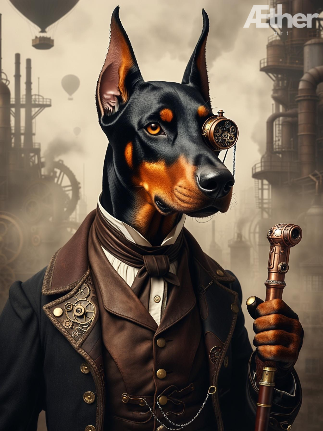 Custom Steampunk Pet Portrait – Victorian Industrial Pet Canvas, Steampunk Dog Artwork