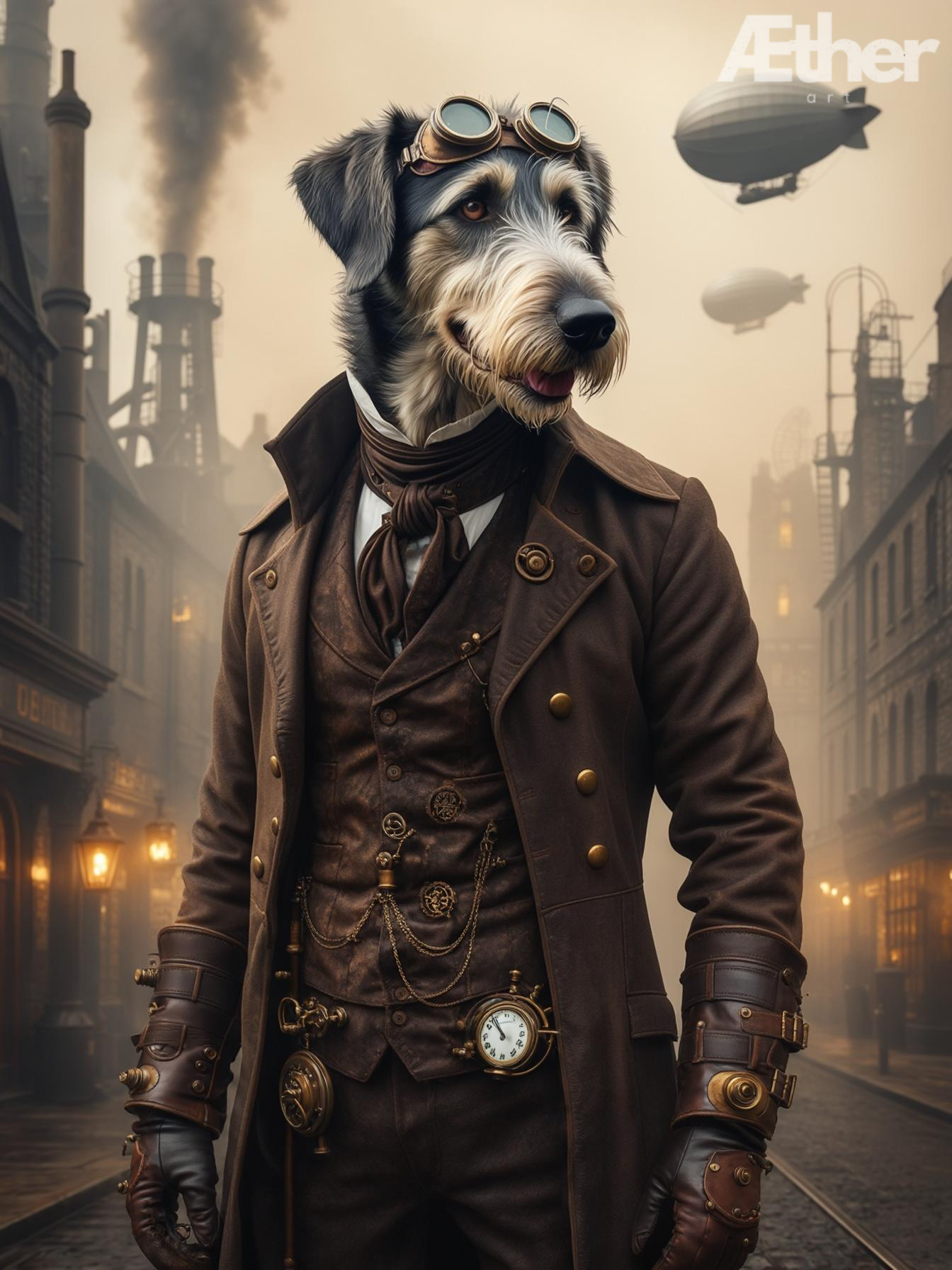 Custom Steampunk Pet Portrait – Victorian Industrial Pet Canvas, Steampunk Dog Artwork