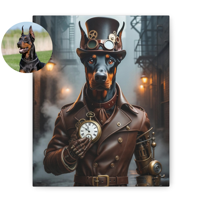 Custom Steampunk Pet Portrait – Victorian Industrial Pet Canvas, Steampunk Dog Artwork