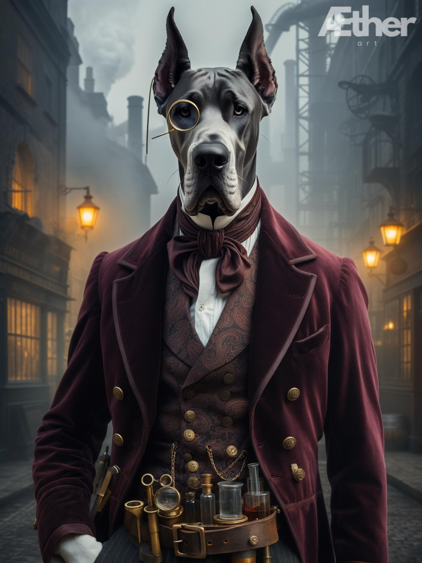 Custom Steampunk Pet Portrait – Victorian Industrial Pet Canvas, Steampunk Dog Artwork