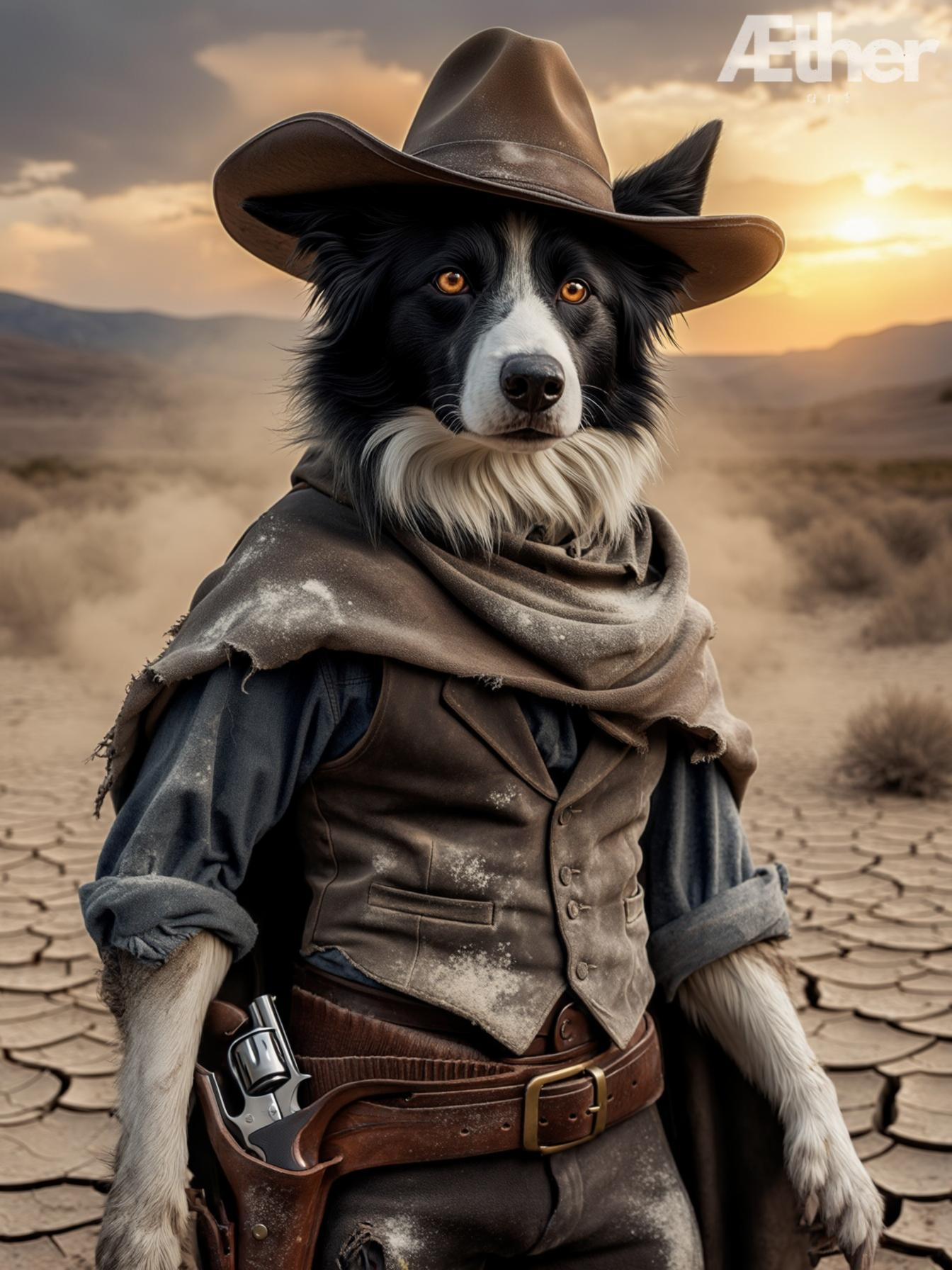 Custom Cowboy Pet Portrait – Wild West Outlaw Pet Canvas, Western Dog Artwork