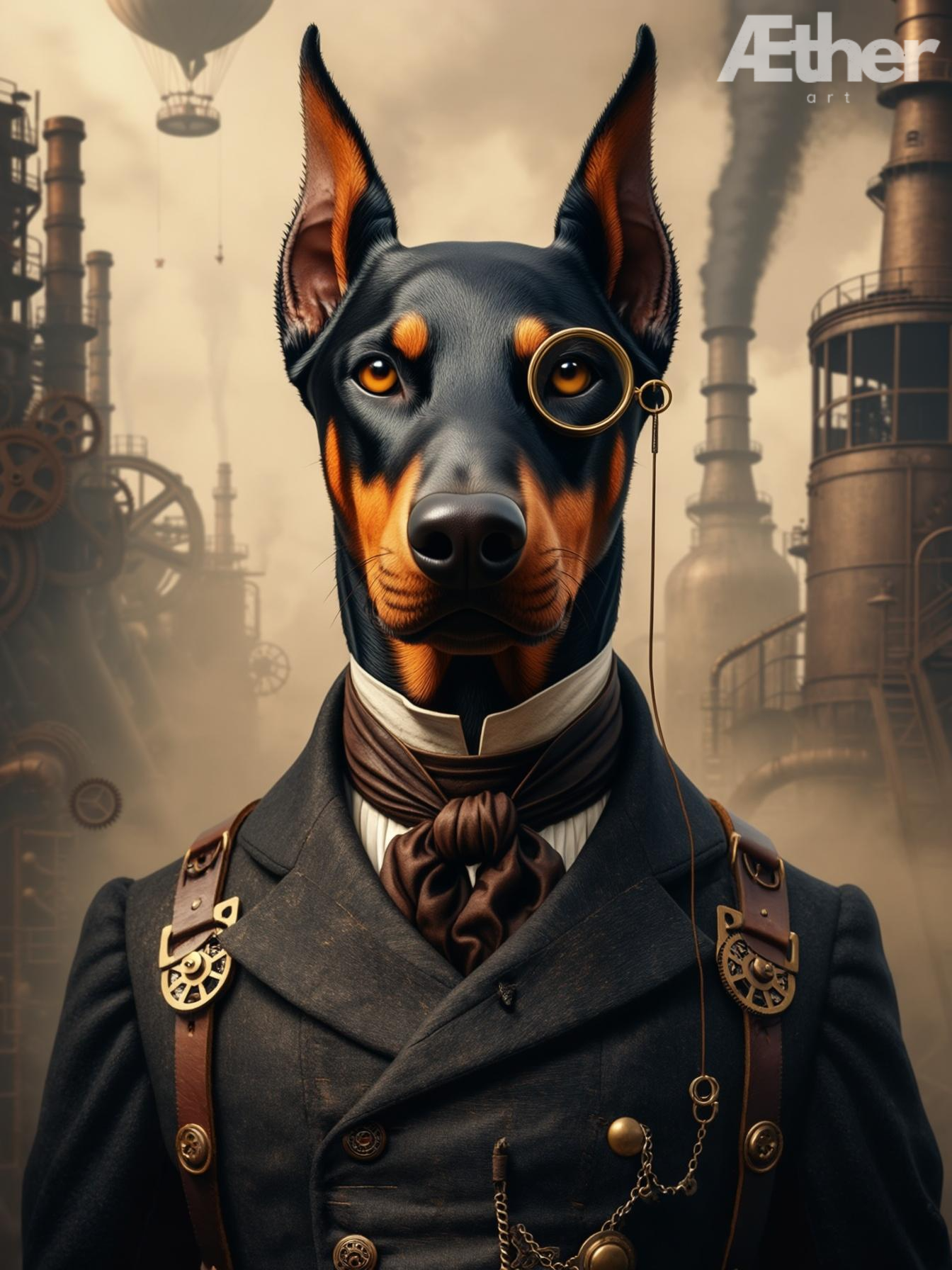 Custom Steampunk Pet Portrait – Victorian Industrial Pet Canvas, Steampunk Dog Artwork