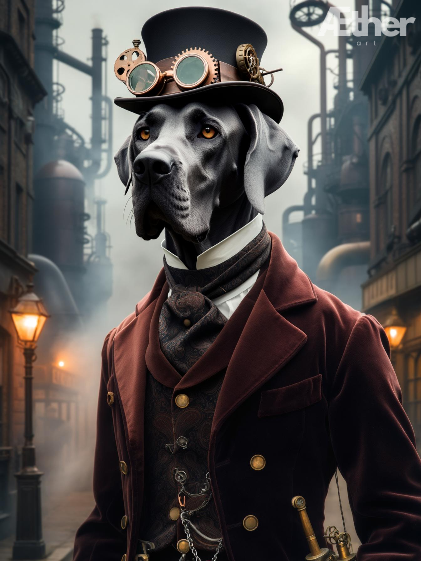 Custom Steampunk Pet Portrait – Victorian Industrial Pet Canvas, Steampunk Dog Artwork