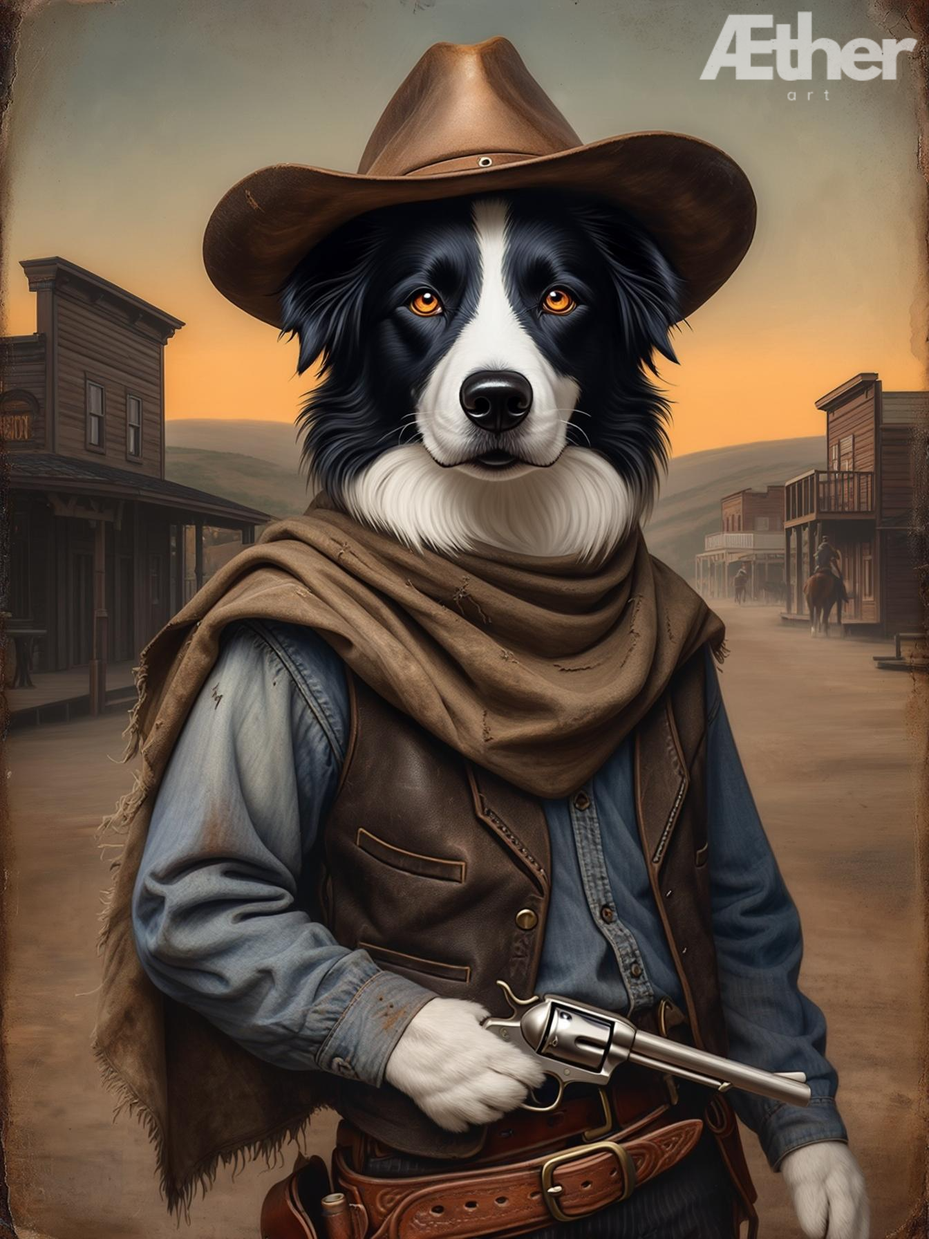 Custom Cowboy Pet Portrait – Wild West Outlaw Pet Canvas, Western Dog Artwork