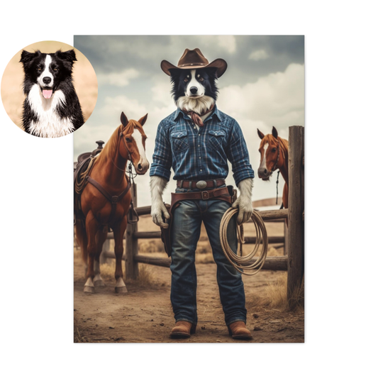 Custom Cowboy Pet Portrait – Wild West Outlaw Pet Canvas, Western Dog Artwork